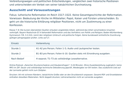 Originalvorschau L1: Lernziele und Vorbereitung für zwei Unterrichtsstunden zur Reformation.