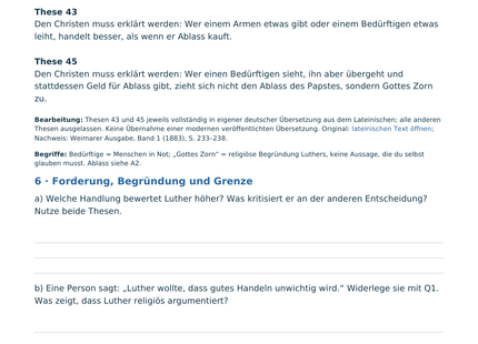 Originalvorschau B1: Luthers Thesen 43 und 45 in eigener Übersetzung mit Aufgaben zur Quellenarbeit.