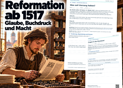 Reformation – Unterrichtseinheit für Klasse 7–8 mit Quellenarbeit, Arbeitsblättern und Unterrichtsfolien. Moderne KI-Illustration einer Druckerei.