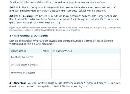 Schülerblatt mit Quellenarbeit zur Erklärung der Menschen- und Bürgerrechte von 1789