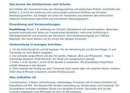 Übersicht der Unterrichtseinheit Französische Revolution 1789 für Klasse 7–8
