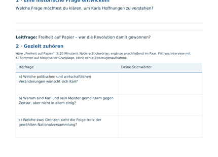 Originales Einstiegs- und Hörblatt: Freiheit auf Papier, drei Hörfragen zur fiktiven Podcastfigur Karl.