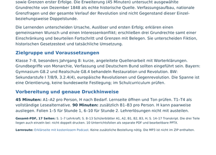 Originale Lehrerübersicht: Revolution 1848/49 mit Lernzielen, Vorbereitung und Druckhinweisen für 45–90 Minuten.