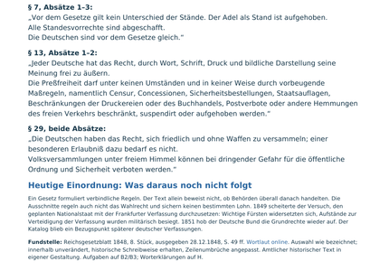 Originales Quellenblatt: Grundrechte des deutschen Volkes vom 27. Dezember 1848, §§ 7, 13 und 29 mit historischer Einordnung.