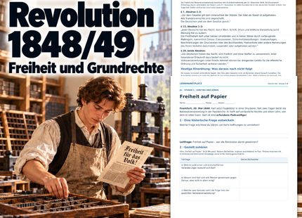 Revolution 1848/49: Unterrichtseinheit Klasse 7–8 mit Quellenarbeit und Folien; KI-Illustration einer Druckerei und originale Arbeitsblattvorschauen.