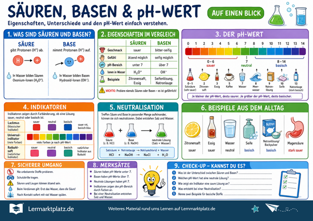 Säuren, Basen & pH-Wert verstehen – sauer, neutral & basisch einfach erklärt – Lernposter / Lernplakat als PDF