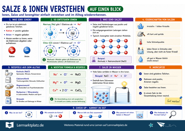 Salze & Ionen verstehen – Ionenbindung, Ladungen & Salzbildung einfach erklärt – Lernposter / Lernplakat als PDF