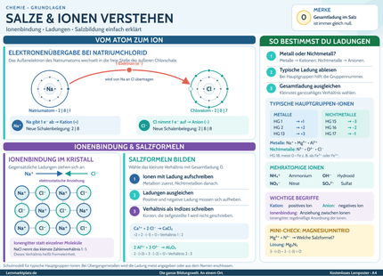 Salze & Ionen verstehen – Ionenbindung, Ladungen & Salzbildung einfach erklärt – Lernposter / Lernplakat als PDF