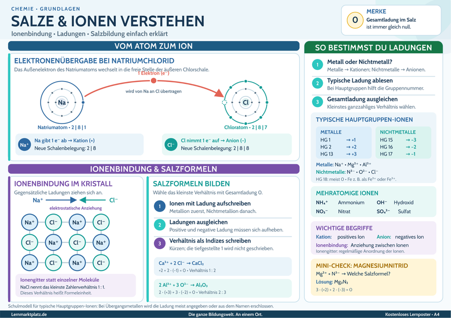 Salze & Ionen verstehen – Ionenbindung, Ladungen & Salzbildung einfach erklärt – Lernposter / Lernplakat als PDF