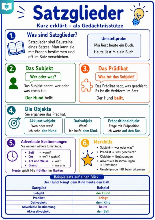 Satzglieder – Deutsch-Lernkarte (kostenloses PDF)