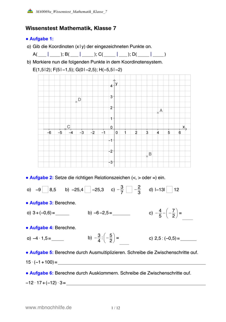 Wissenstest Mathematik Klasse 7 – Koordinaten, Algebra, Prozentrechnung & Geometrie