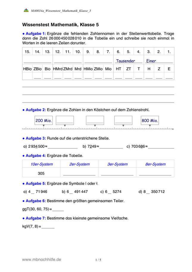 Wissenstest Mathematik Klasse 5 – Stellenwert, Rechnen, Größen & Geometrie
