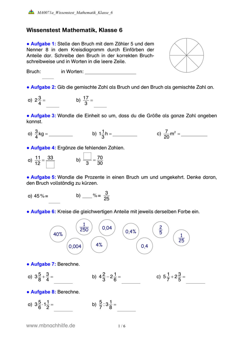 Wissenstest Mathematik Klasse 6 – Brüche, Dezimalzahlen, Terme & Geometrie