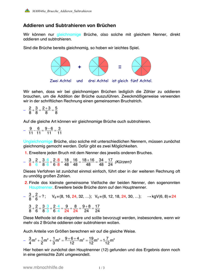Brüche addieren und subtrahieren – Regeln, Beispiele & Übungsaufgaben