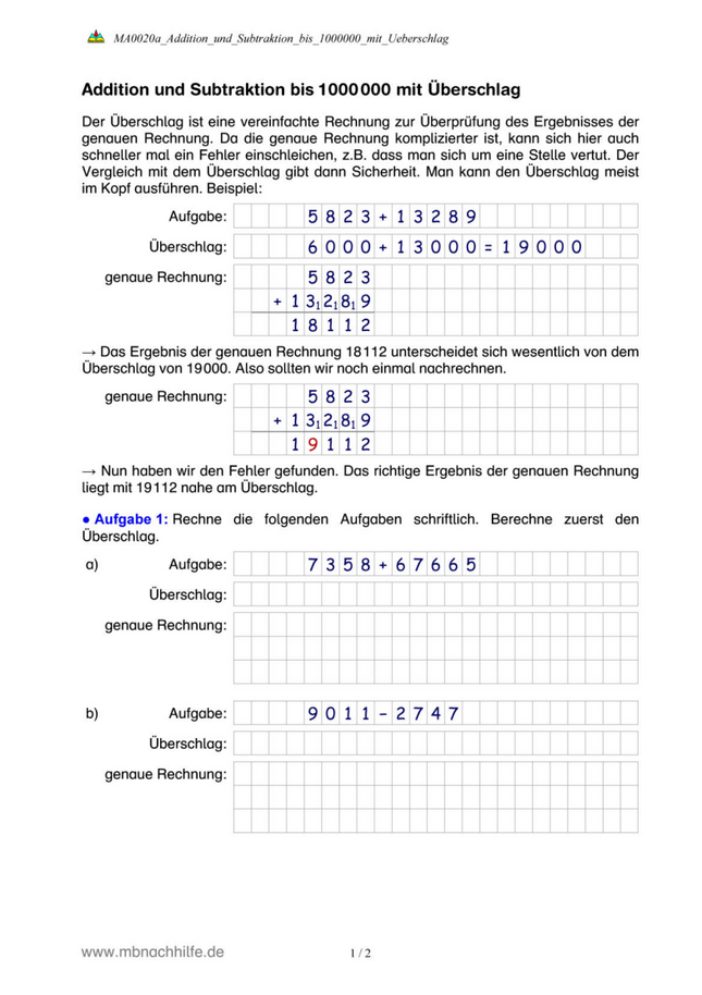 Addition und Subtraktion bis 1.000.000 – schriftlich rechnen & Überschlag