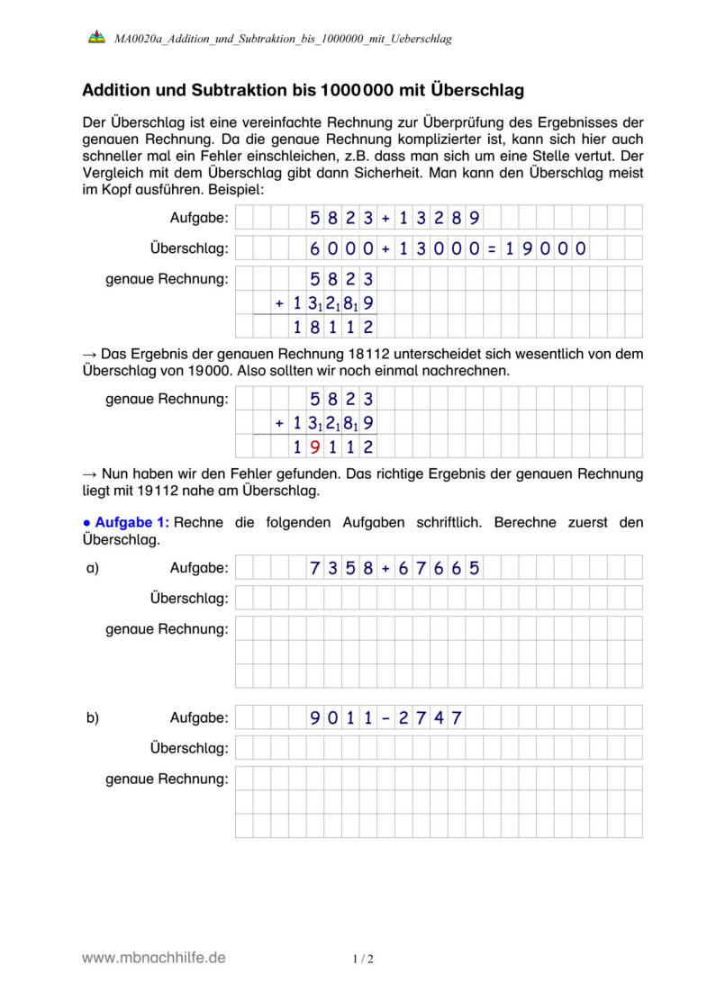 Addition und Subtraktion bis 1.000.000 – schriftlich rechnen & Überschlag