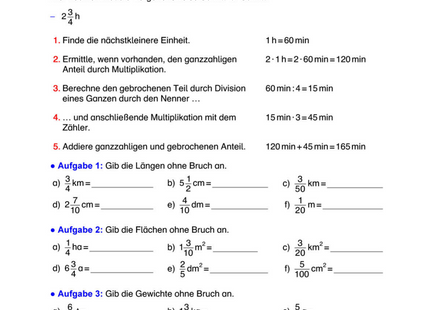 Bruchteile von Größen – Längen, Flächen, Zeiten, Gewichten & Volumen