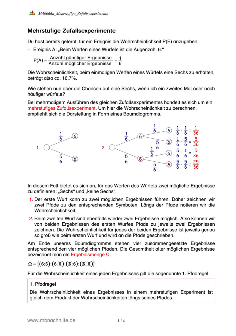 Arbeitsblatt: Mehrstufige Zufallsexperimente – Baumdiagramme & Wahrscheinlichkeiten