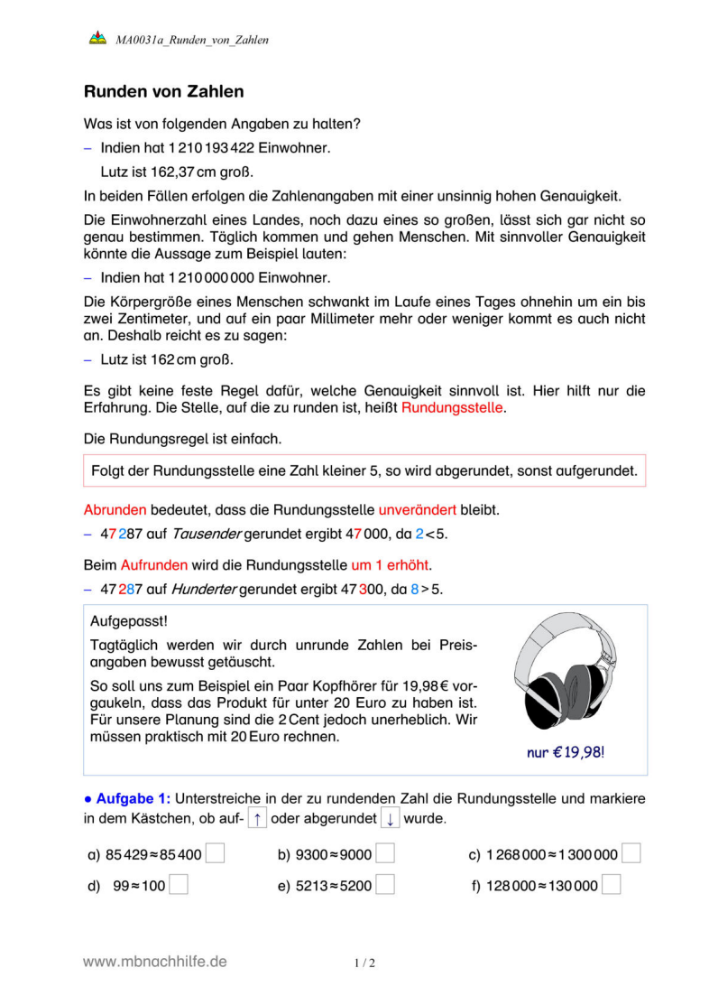 Arbeitsblatt: Runden von Zahlen – verständlich erklärt & mit vielen Übungen