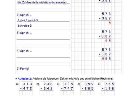 Arbeitsblatt: Schriftliche Addition – Stellenwert, Überträge & Rechenschema