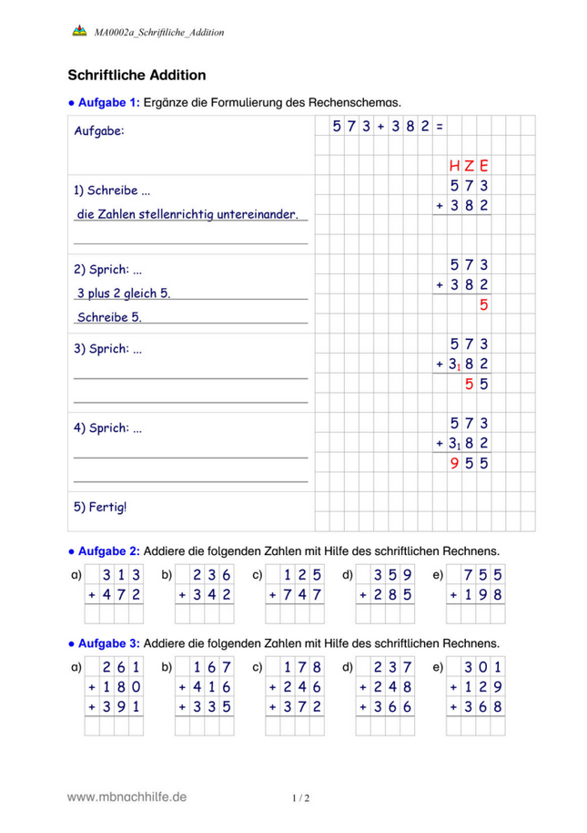 Arbeitsblatt: Schriftliche Addition – Stellenwert, Überträge & Rechenschema