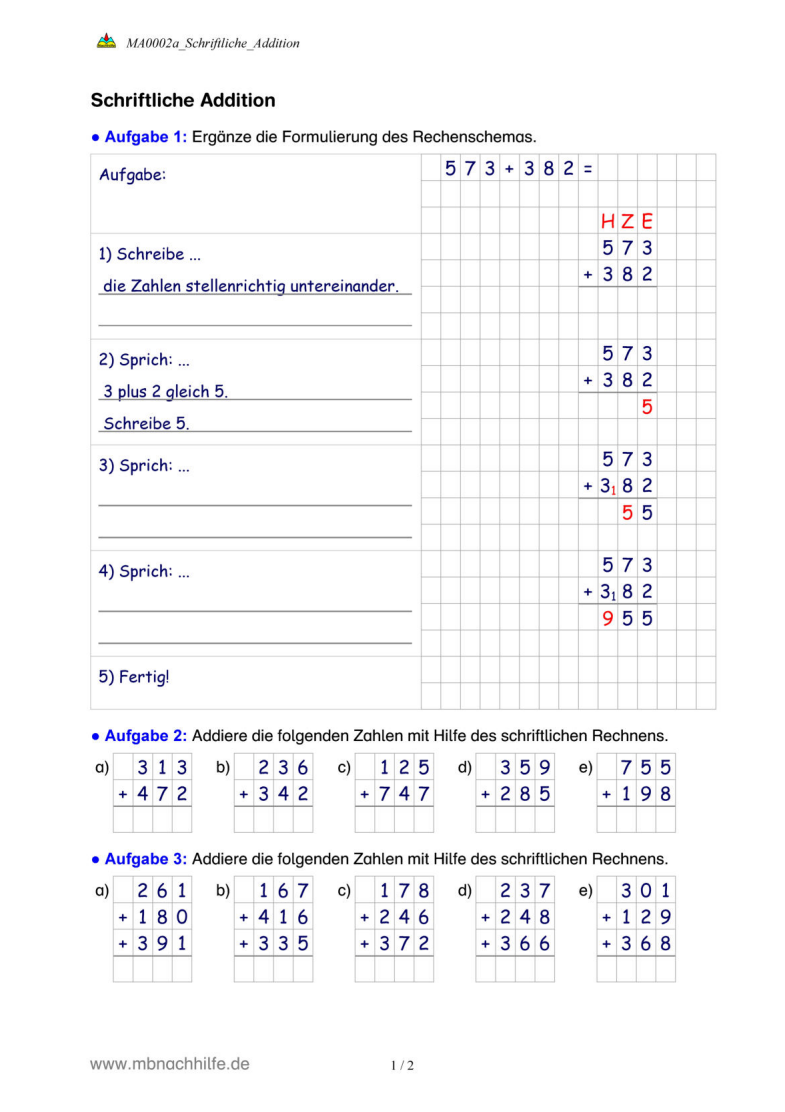 Arbeitsblatt: Schriftliche Addition – Stellenwert, Überträge & Rechenschema
