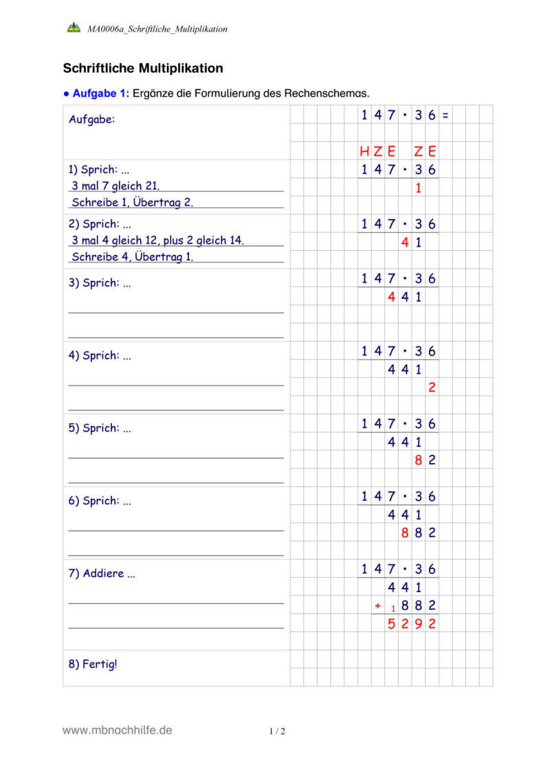 Arbeitsblatt: Schriftliche Multiplikation – Stellenwert, Überträge & Rechenschema