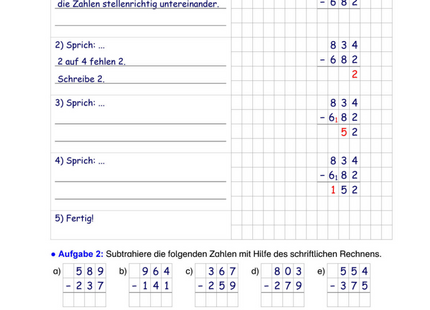 Arbeitsblatt: Schriftliche Subtraktion – Stellenwert, Entbündeln & Rechenschema
