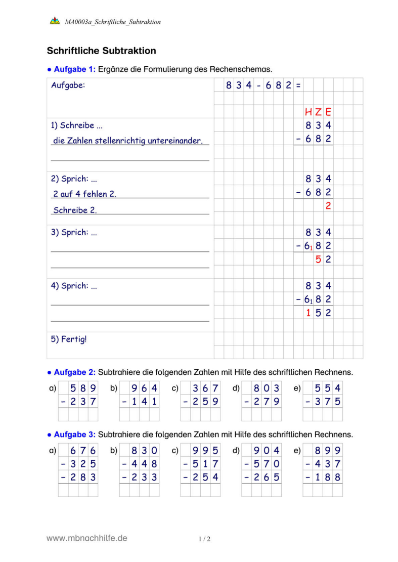 Arbeitsblatt: Schriftliche Subtraktion – Stellenwert, Entbündeln & Rechenschema