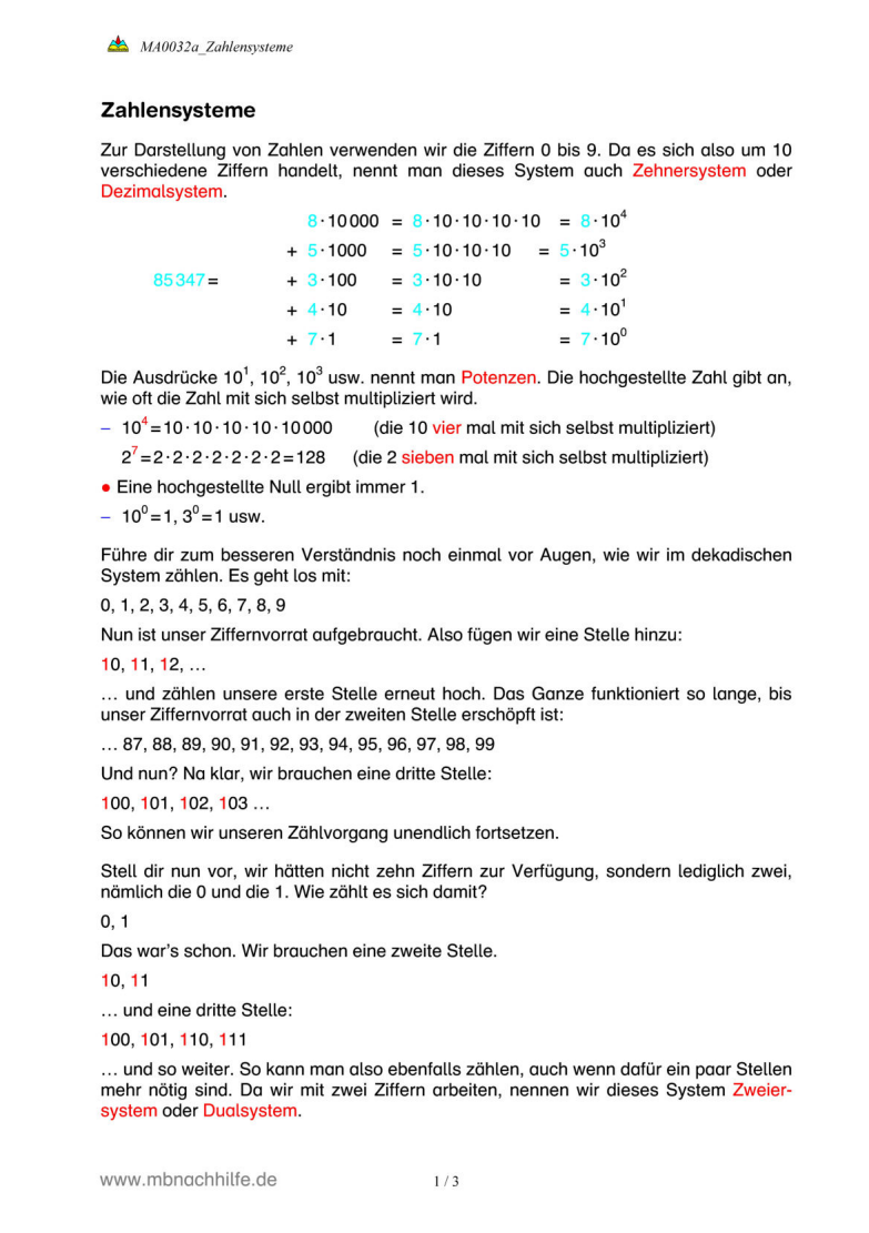 Arbeitsblatt: Zahlensysteme – Dezimalsystem, Zweiersystem & weitere Basen