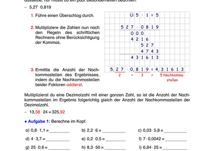 Arbeitsblatt: Dezimalzahlen multiplizieren – schriftlich & im Kopf