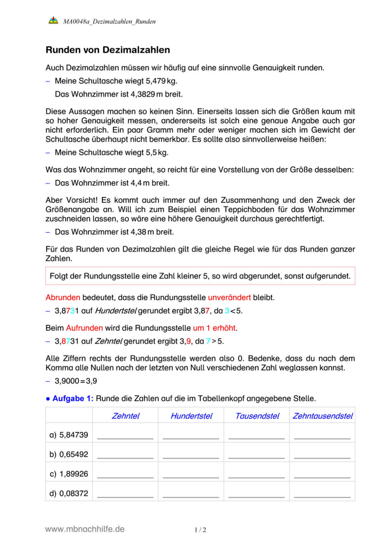 Arbeitsblatt: Dezimalzahlen runden – Rundungsregeln, Stellenwert & Alltagssituationen