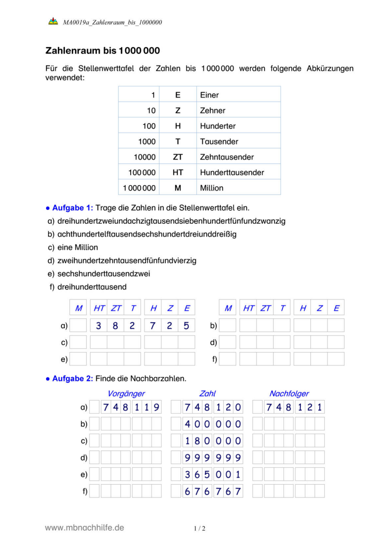 Arbeitsblatt: Zahlenraum bis 1 000 000 – Stellenwert, Rundung & Vergleichen