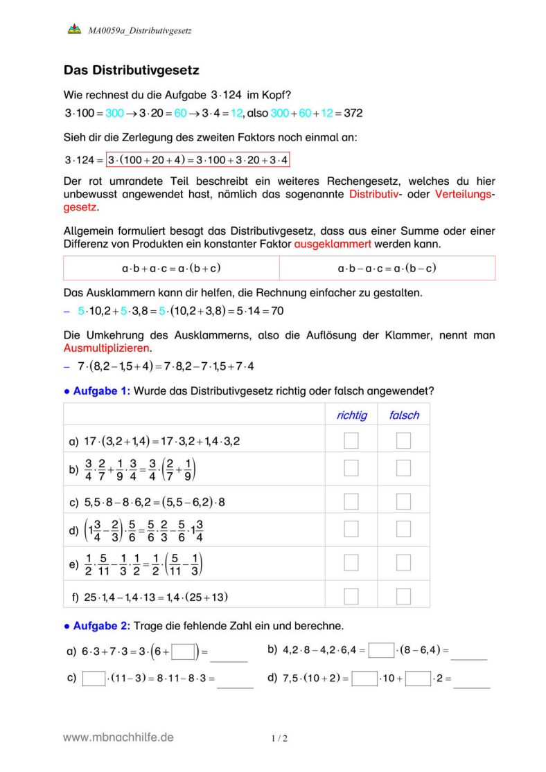 Arbeitsblatt: Distributivgesetz – Ausklammern, Ausmultiplizieren & Rechentricks