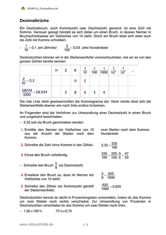 Arbeitsblatt: Dezimalbrüche – Kommazahlen verstehen, darstellen & umwandeln