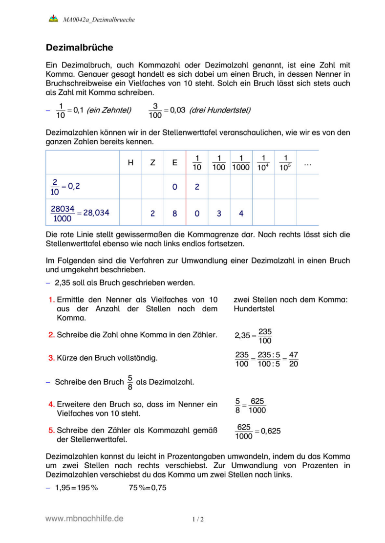 Arbeitsblatt: Dezimalbrüche – Kommazahlen verstehen, darstellen & umwandeln