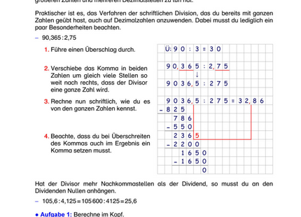 Arbeitsblatt: Dezimalzahlen dividieren – Komma verschieben, schriftliche Division & Übungen