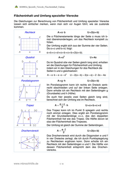 Arbeitsblatt: Flächeninhalt & Umfang spezieller Vierecke – Rechteck, Quadrat, Parallelogramm, Trapez, Raute & Drachenviereck