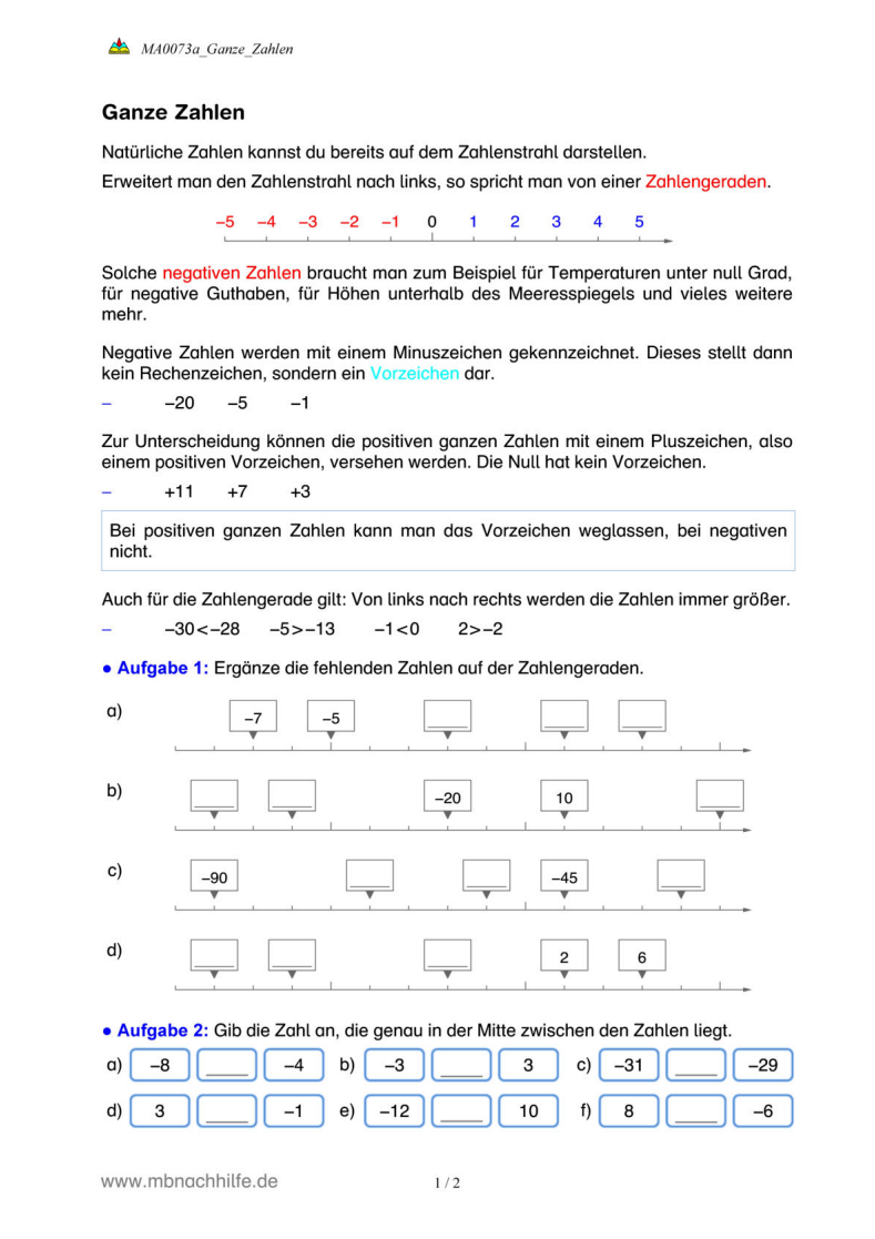 Arbeitsblatt: Ganze Zahlen – Zahlengerade, Vergleichen & Koordinatensystem