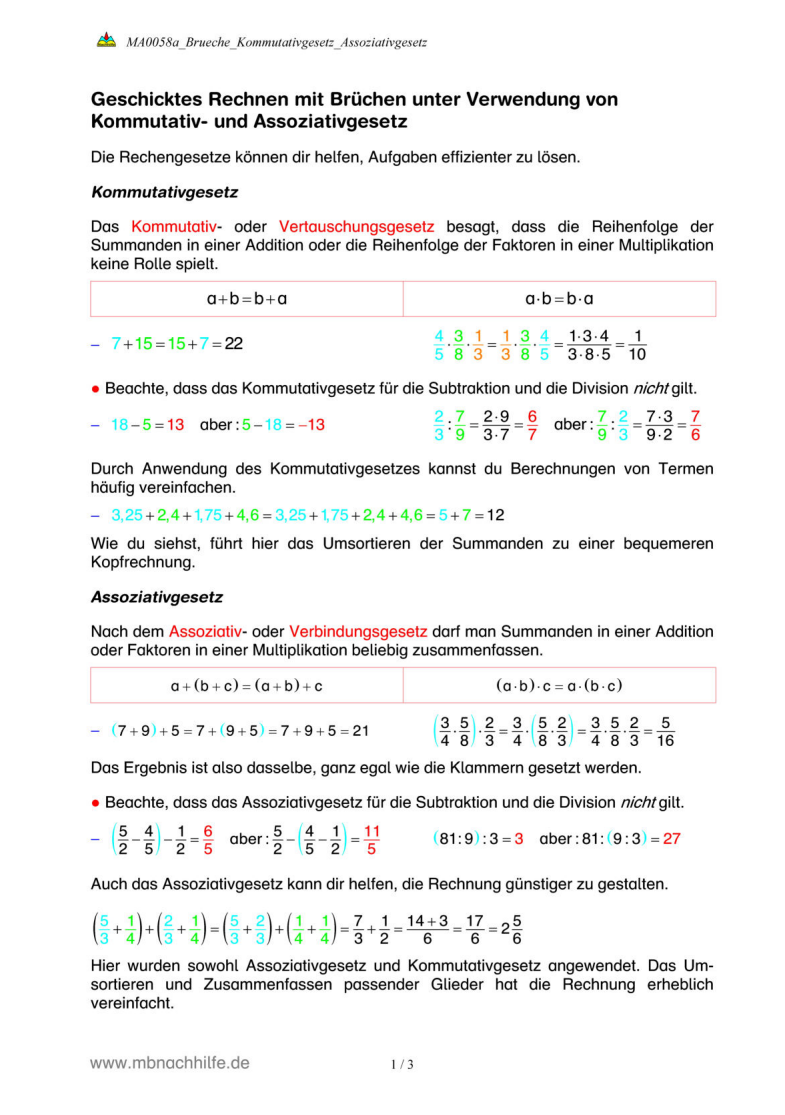 Arbeitsblatt: Kommutativgesetz & Assoziativgesetz bei Brüchen – Rechengesetze verstehen & geschickt anwenden