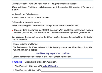 Arbeitsblatt Große Zahlen – Stellenwerttafel, Millionen & Milliarden