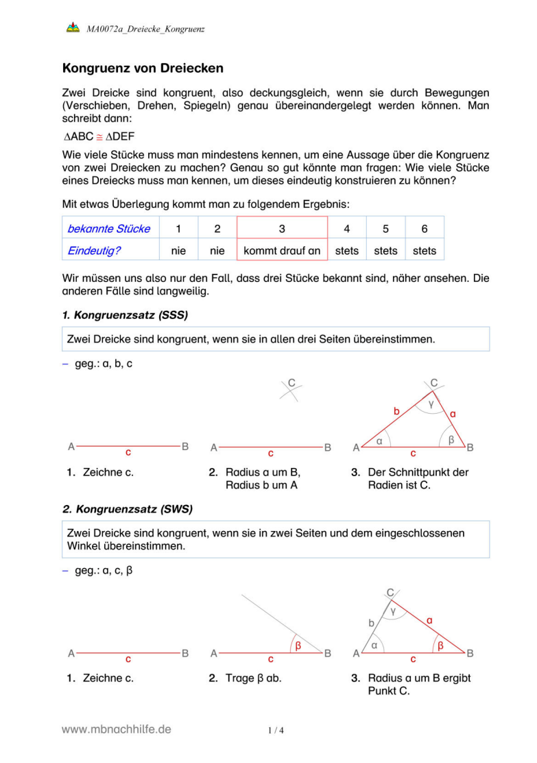 Arbeitsblatt Kongruenz von Dreiecken – Kongruenzsätze SSS, SWS, WSW & SSW