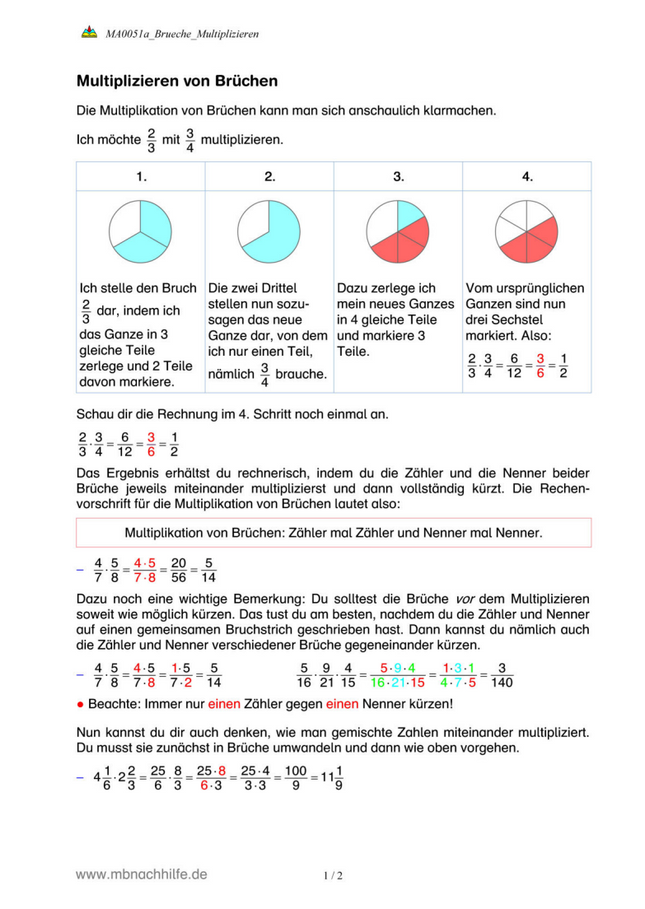 Arbeitsblatt: Brüche multiplizieren – mit Kürzen & gemischten Zahlen