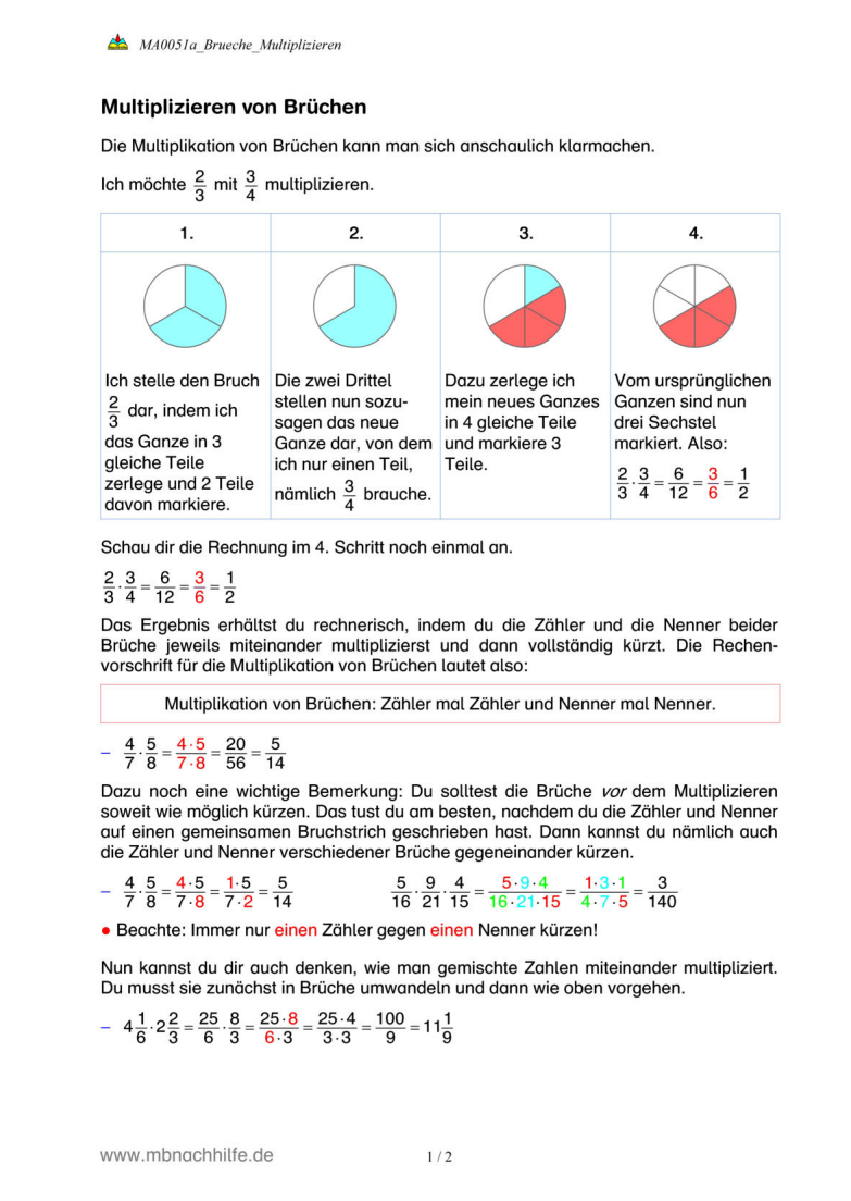Arbeitsblatt: Brüche multiplizieren – mit Kürzen & gemischten Zahlen