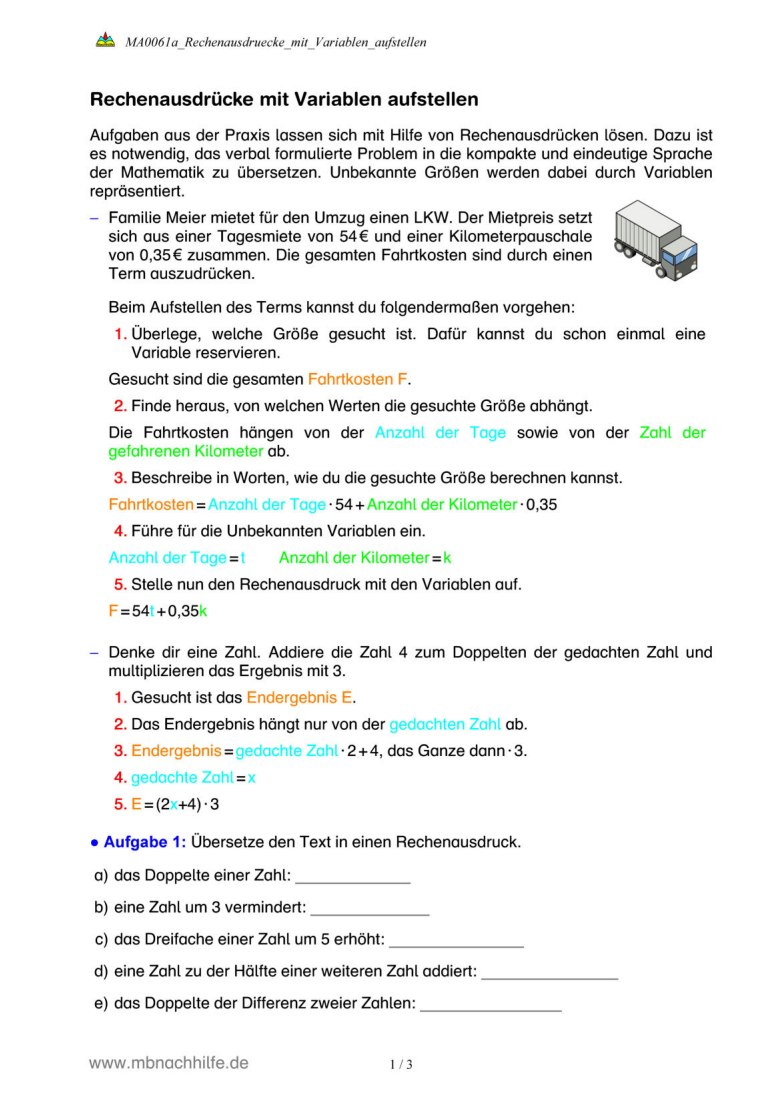 Arbeitsblatt: Rechenausdrücke mit Variablen aufstellen – Textaufgaben & Terme