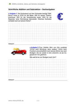 Arbeitsblatt: Schriftliche Addition und Subtraktion – Sachaufgaben aus dem Alltag