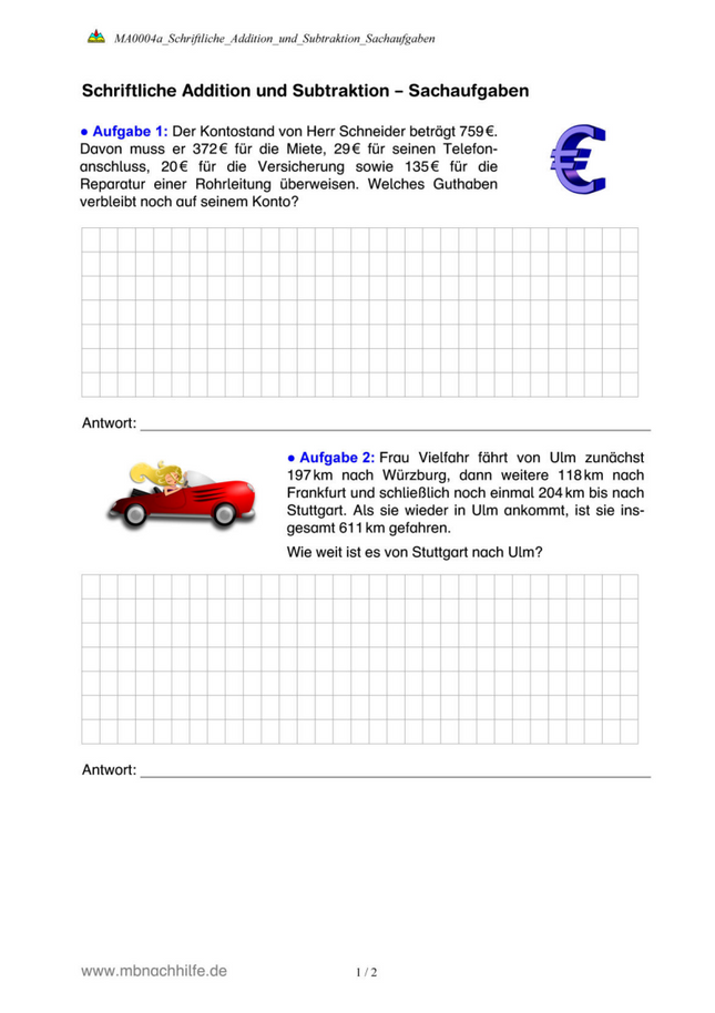 Arbeitsblatt: Schriftliche Addition und Subtraktion – Sachaufgaben aus dem Alltag