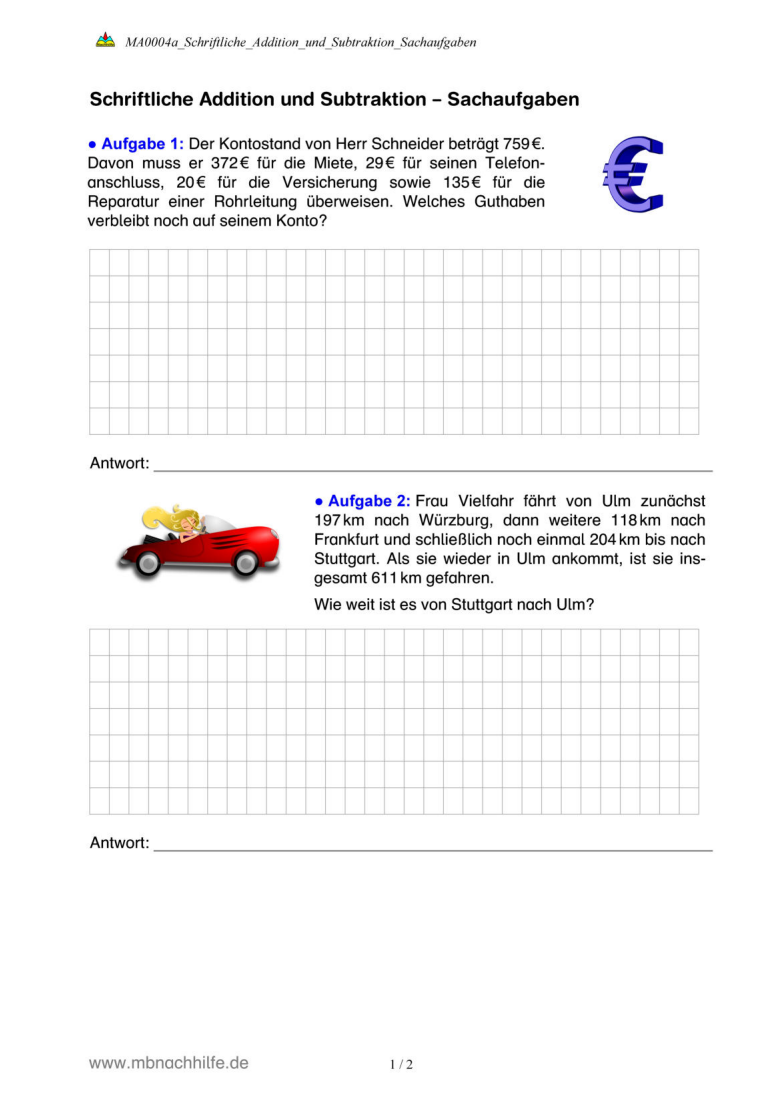 Arbeitsblatt: Schriftliche Addition und Subtraktion – Sachaufgaben aus dem Alltag