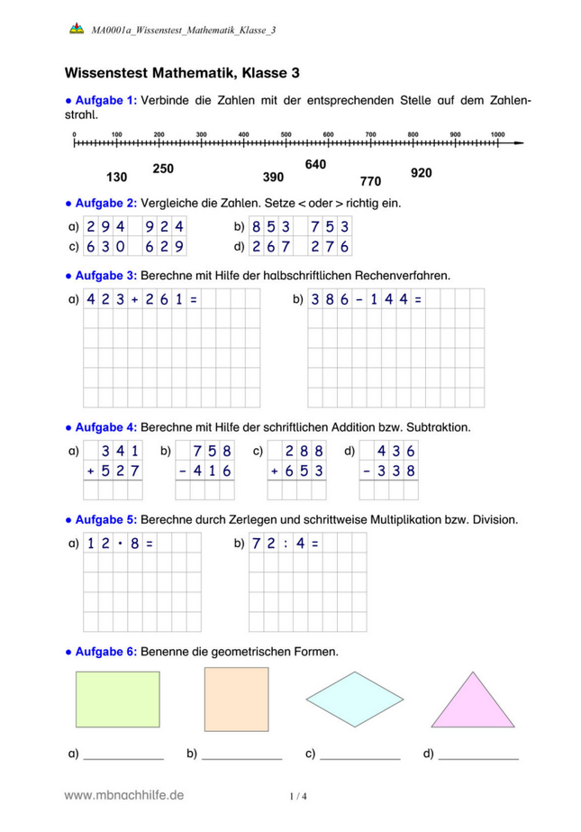 Wissenstest Mathematik Klasse 3 – Zahlen, Rechnen, Geometrie & Sachaufgaben