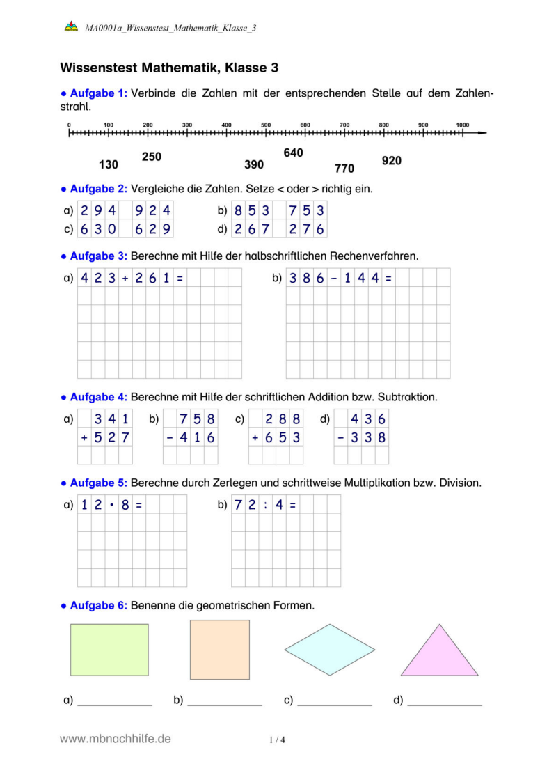 Wissenstest Mathematik Klasse 3 – Zahlen, Rechnen, Geometrie & Sachaufgaben